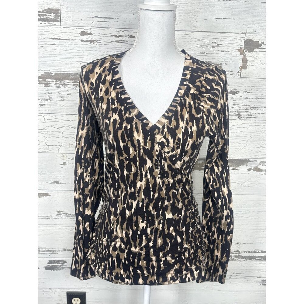 CABI Faux Wrap Blouse Long Sleeve Leopard Print Black & Brown Sz S #131 EUC